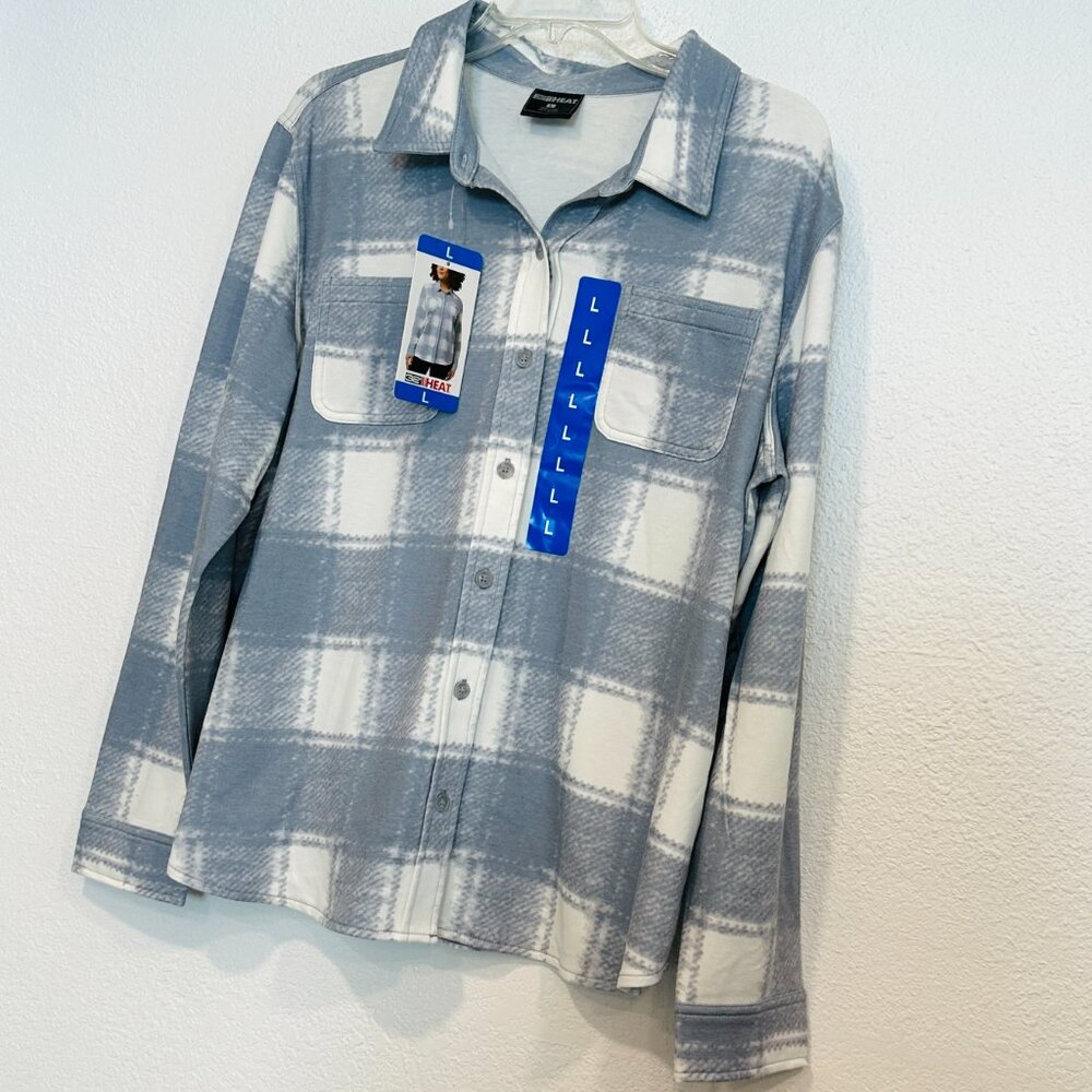 NEW 32 Degrees Heat Button Up Shirt Soft Stretch Plaid Gray White Women Sz Large - Picture 7 of 9